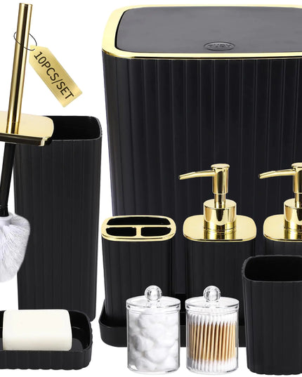 10-Piece Bathroom Accessories Set – Toilet Brush, Trash Can, Q-tip Dispenser & Soap Dispenser