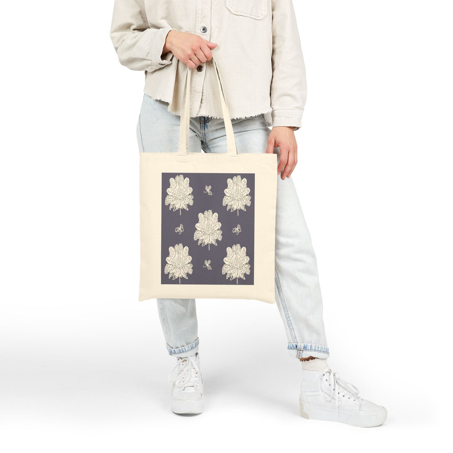 White Floral Butterflies Cotton Canvas Tote Bag