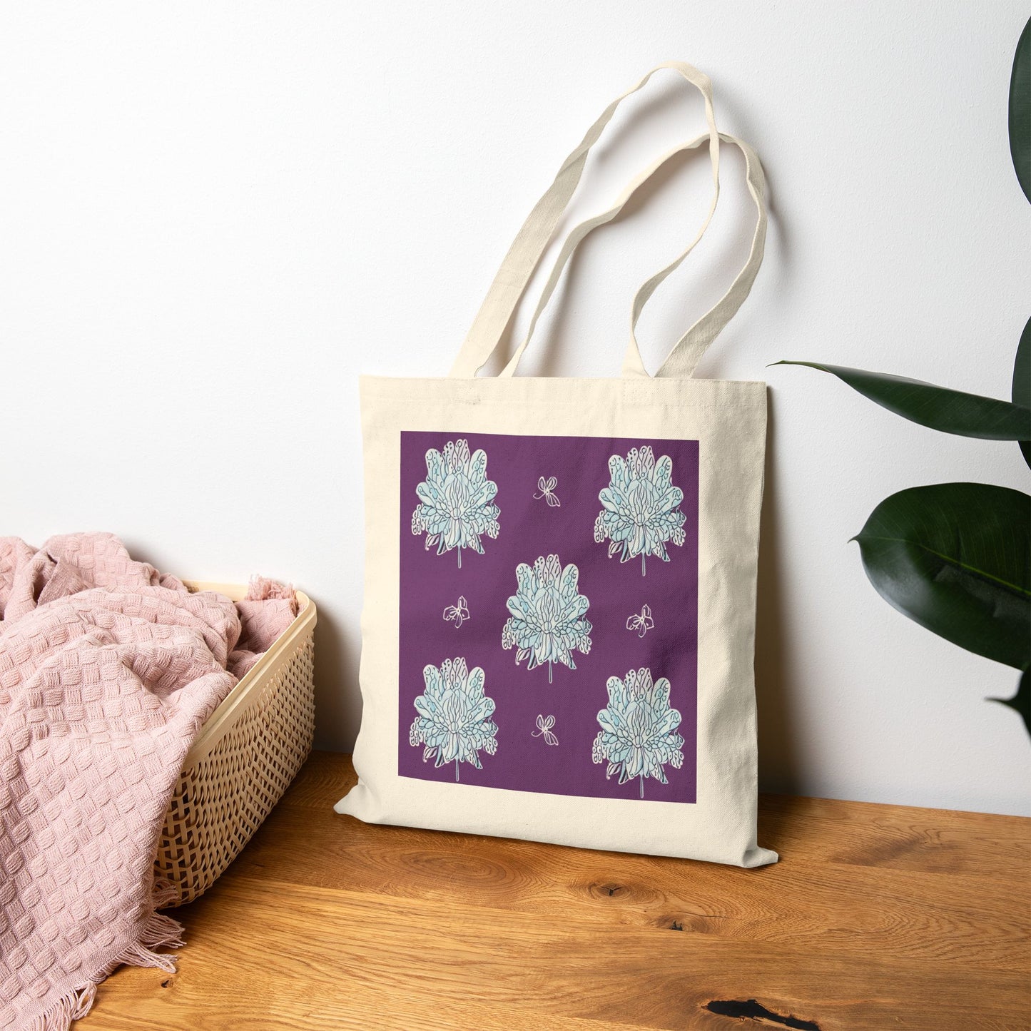 Blue Floral Butterflies Cotton Canvas Tote Bag