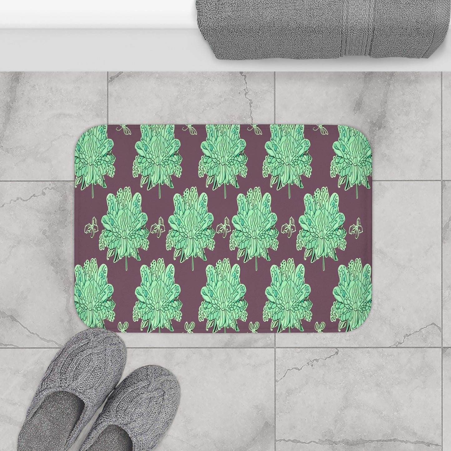 Mint Green Floral Butterflies 24" x 17" Bath Mat