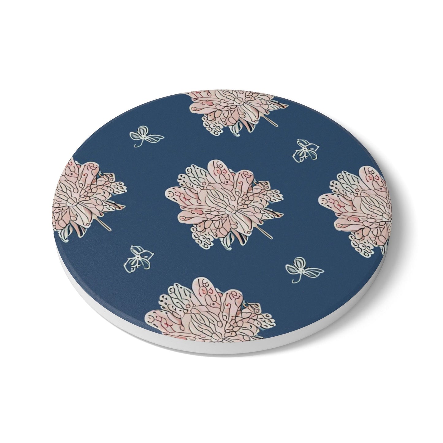 Rose White Floral Butterflies 4" x 4" Round Ceramic Coaster