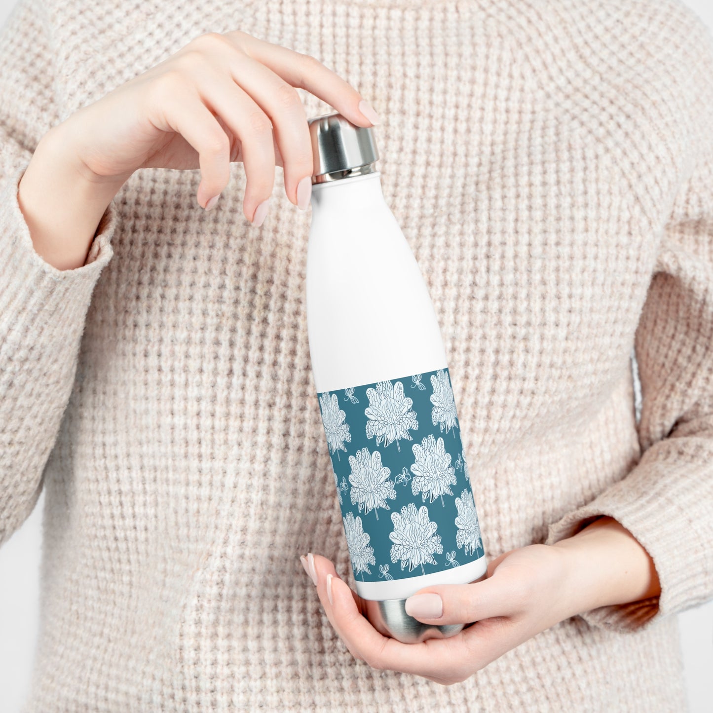 Tif Green White Floral Butterflies 20oz Insulated Water Bottle