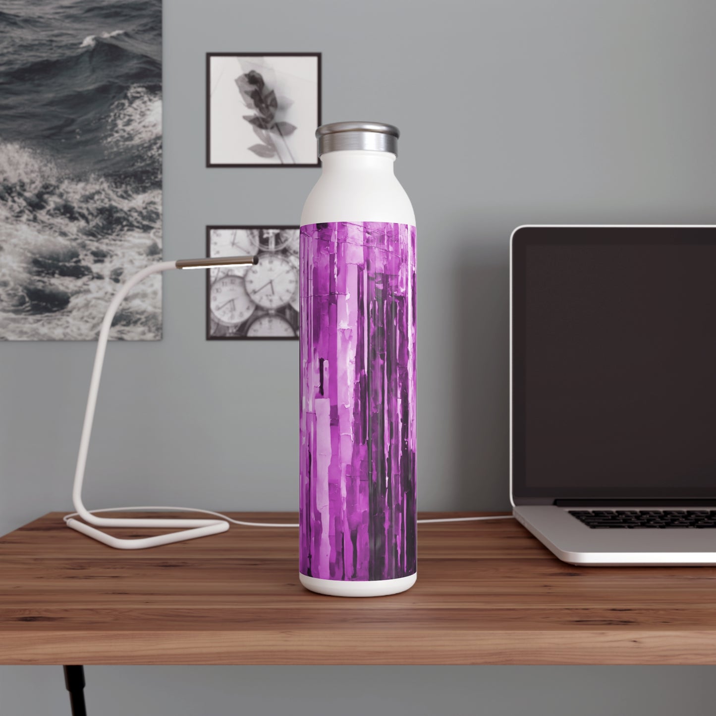 Striped Powder Lavender Slim Water Bottle, 20 oz White