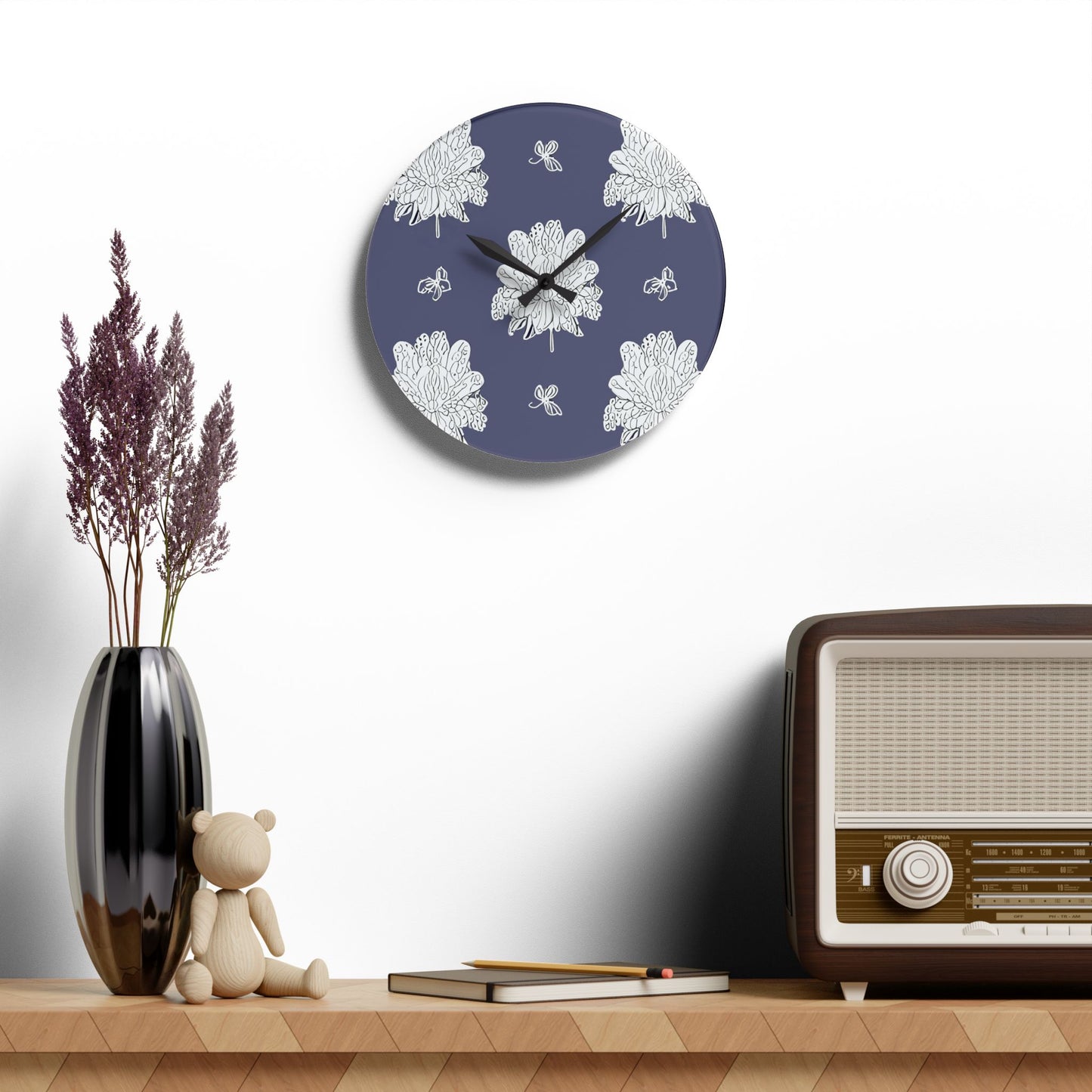 White Floral Butterflies Acrylic Wall Clock, Round or Square, 10.75" x 10.75"