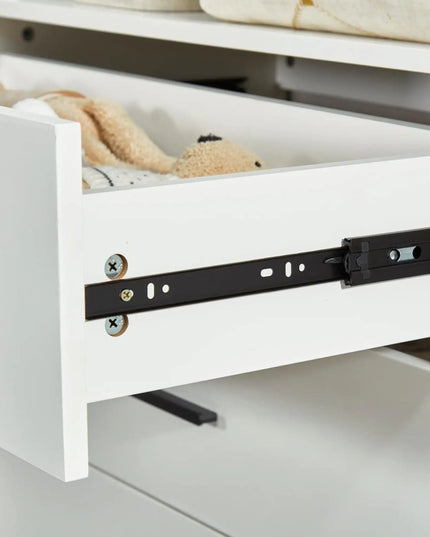 White Wooden Closet Organizer System – Wall-Mounted Shelves, Drawers & Hanging Rod for Clothes Storage