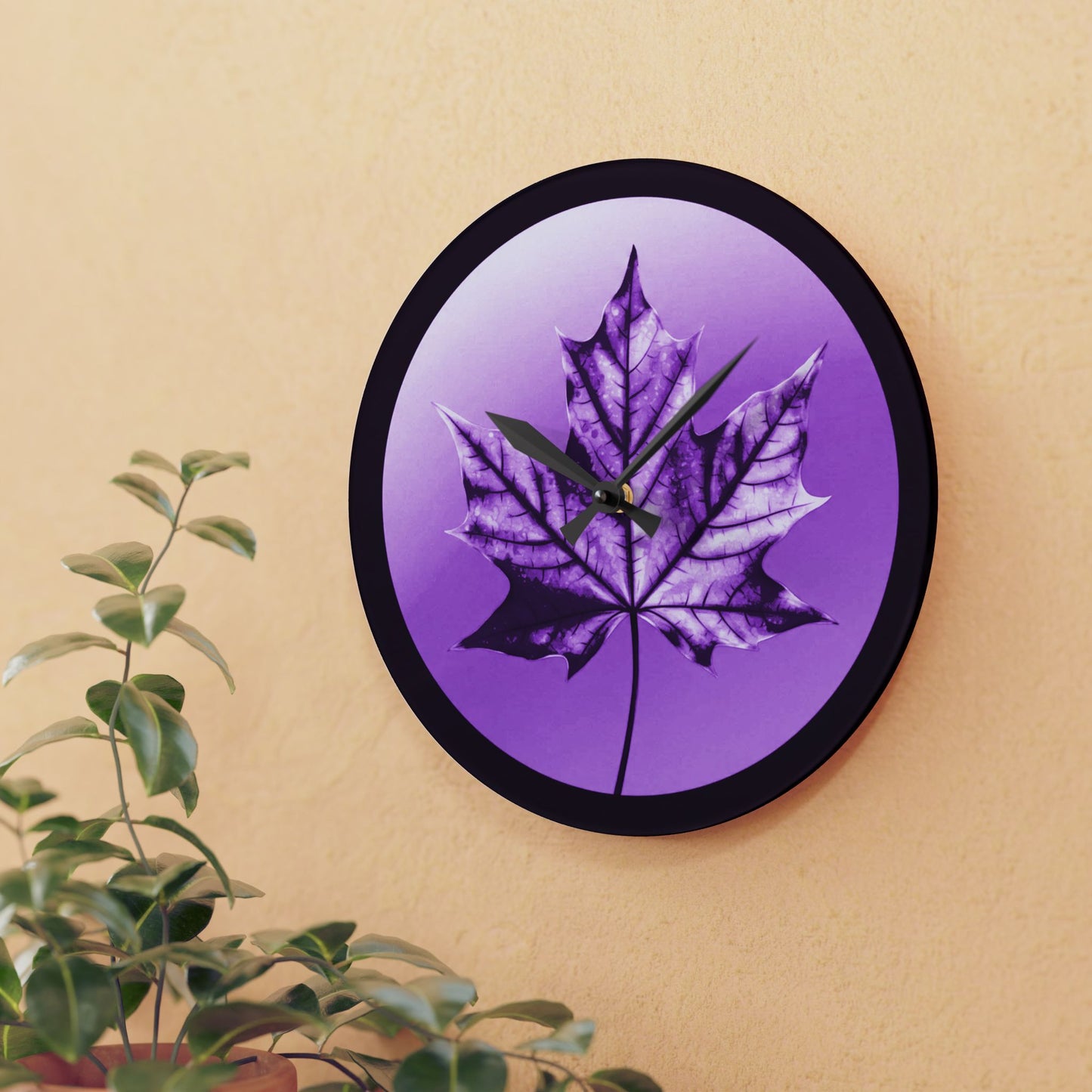 Purple Maple Leaf Acrylic Wall Clock, Round or Square, 10.75" x 10.75"