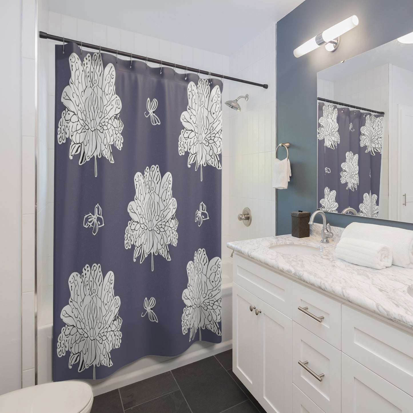 White Floral Butterflies Shower Curtain, 71" x 74"