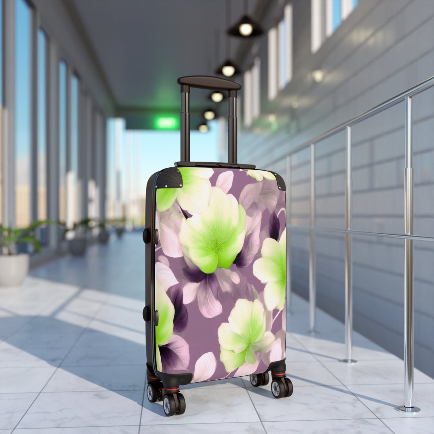 Lime Lavender Floral Bunch Small Suitcase with built in lock, 4 double-wheels, telescopic handle, and ABS back hard-shell