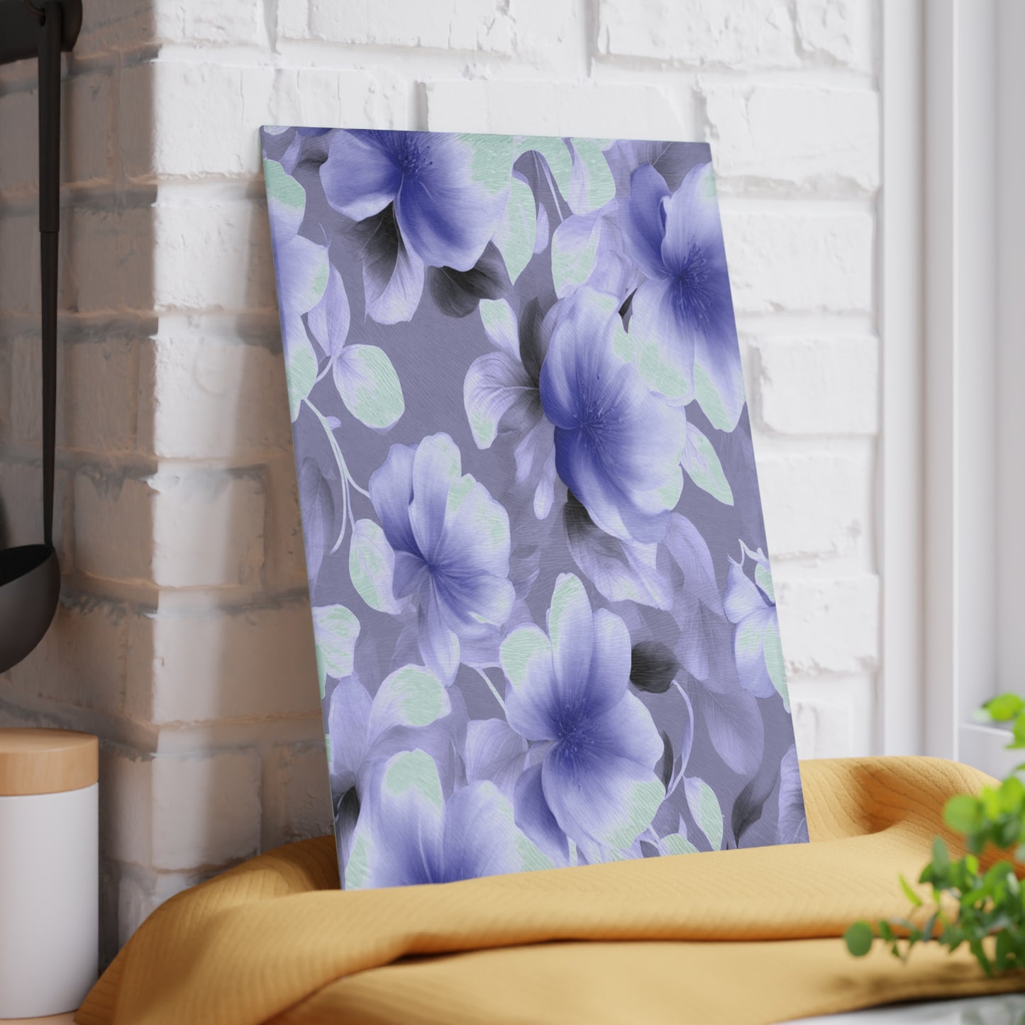 Indigo Blossom Floral Bunch Glass Cutting Board, 8" x 11"