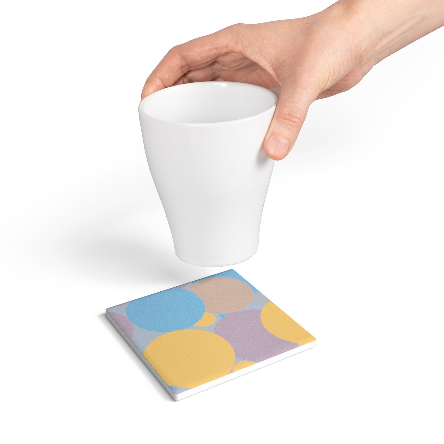 Pastel Baby Blue and Peach Patches 4" x 4" Square Ceramic Coaster