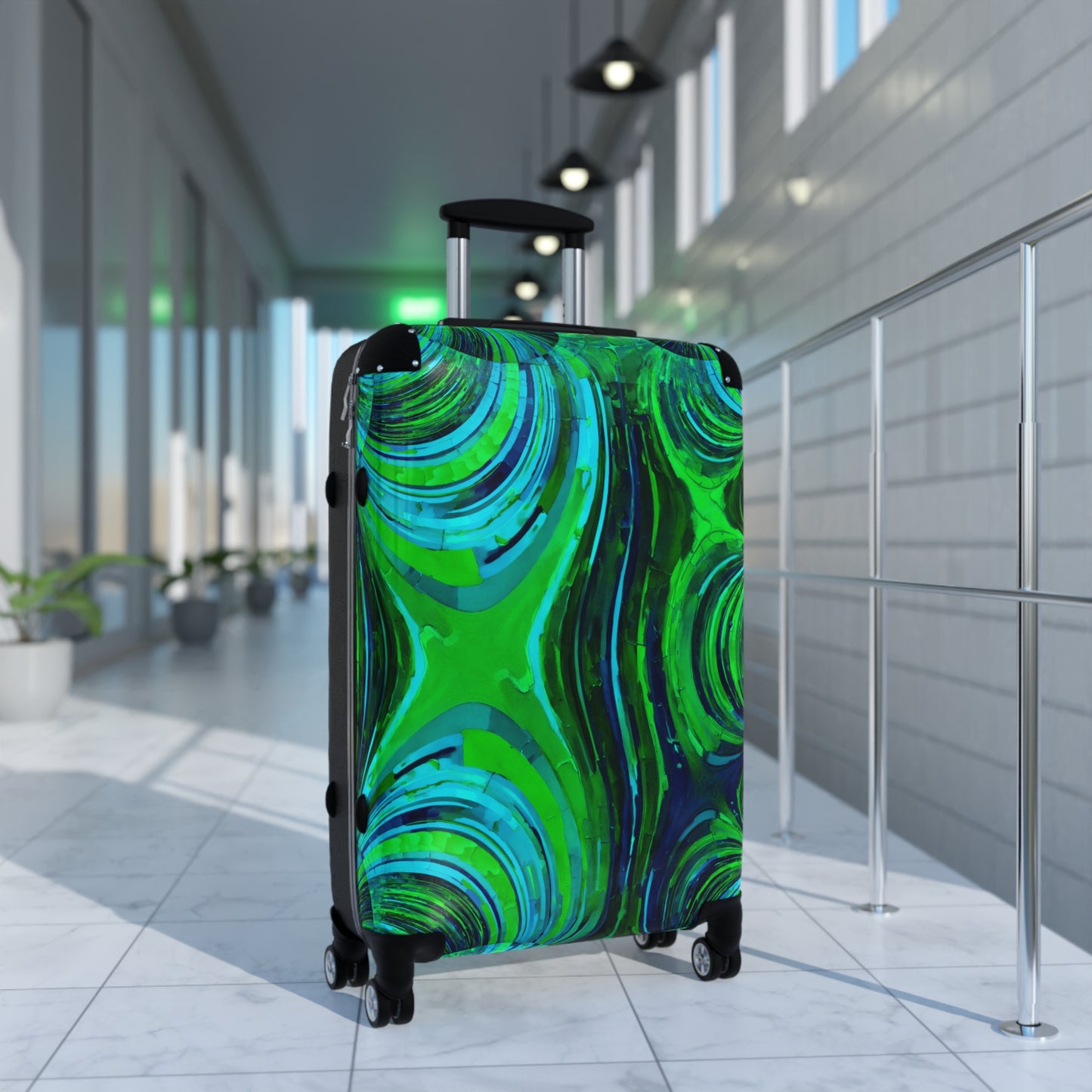Uzi Spiral Blue Green Medium Suitcase with built in lock, 4 double-wheels, telescopic handle, and ABS back hard-shell