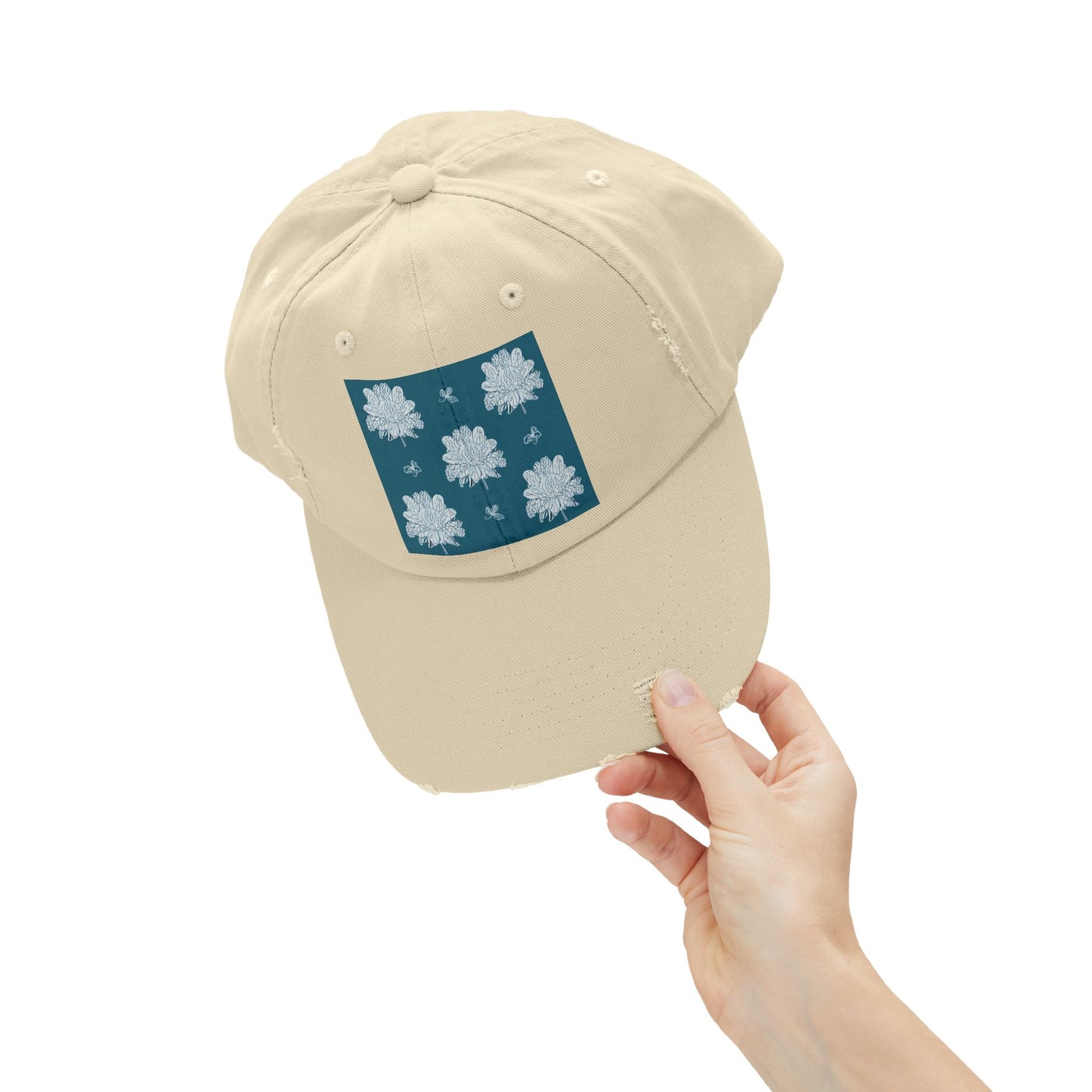 Tif Green White Floral Butterflies Unisex Distressed Cap