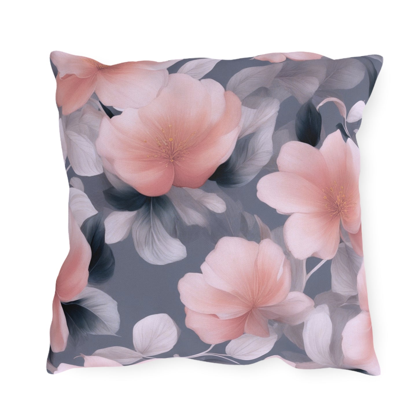 Peach and Blue Gray Floral Bunch 18" x 18" Outdoor Pillow