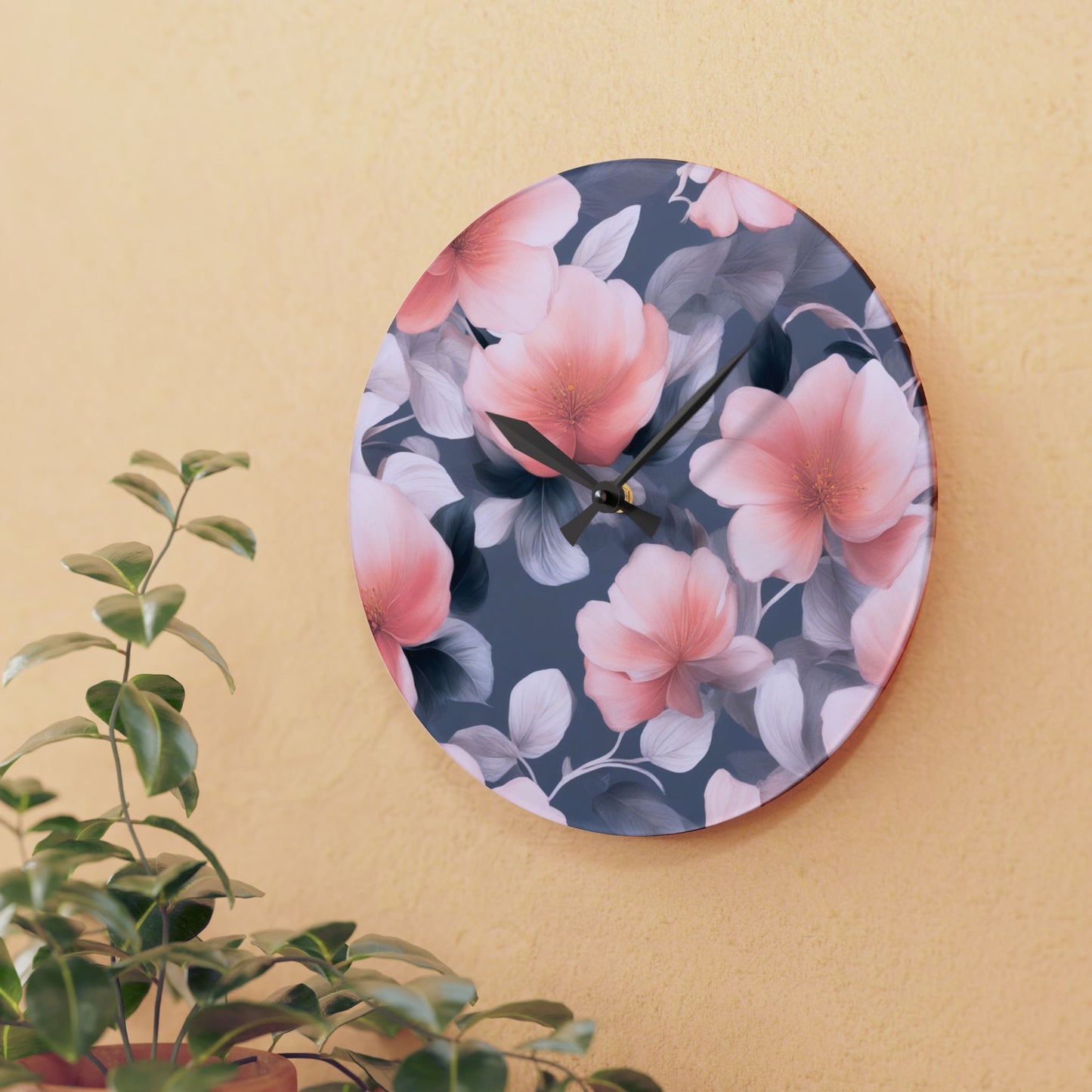 Peach and Blue Gray Floral Bunch Acrylic Wall Clock, Round or Square, 10.75" x 10.75"