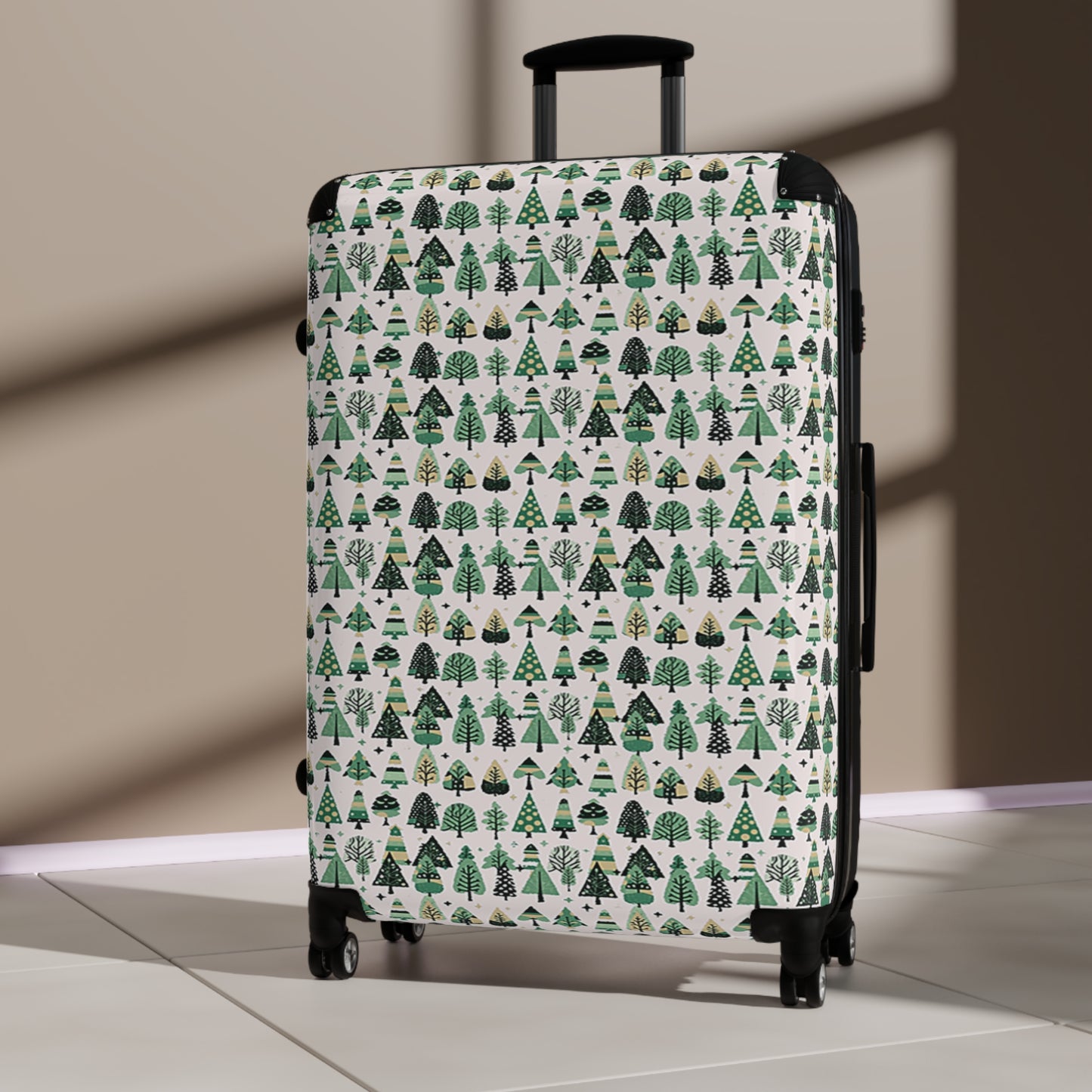 Mini Vintage Green Trees Large Suitcase with built in lock, 4 double-wheels, telescopic handle, and ABS back hard-shell
