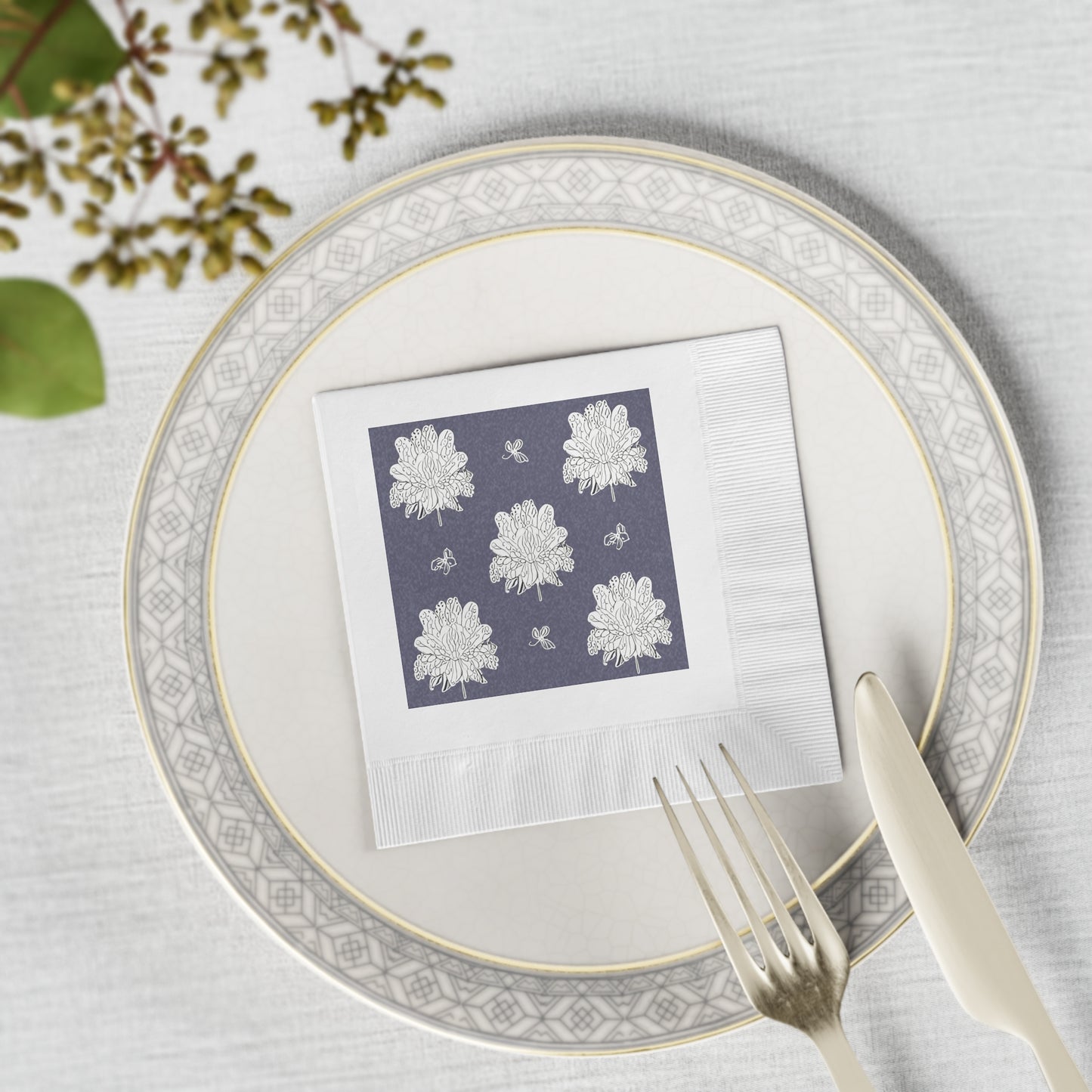 White Floral Butterflies White Coined Napkins, 4.8" x 4.8"