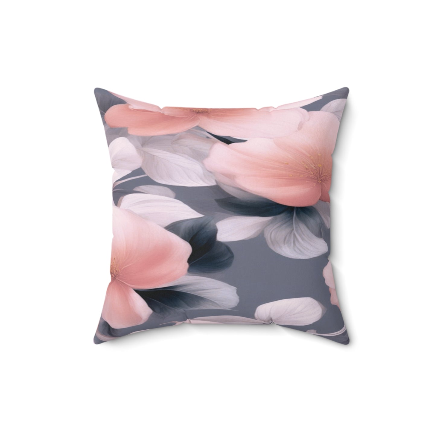 Peach and Blue Gray Floral Bunch Faux Suede Square Pillow, 16" x 16"