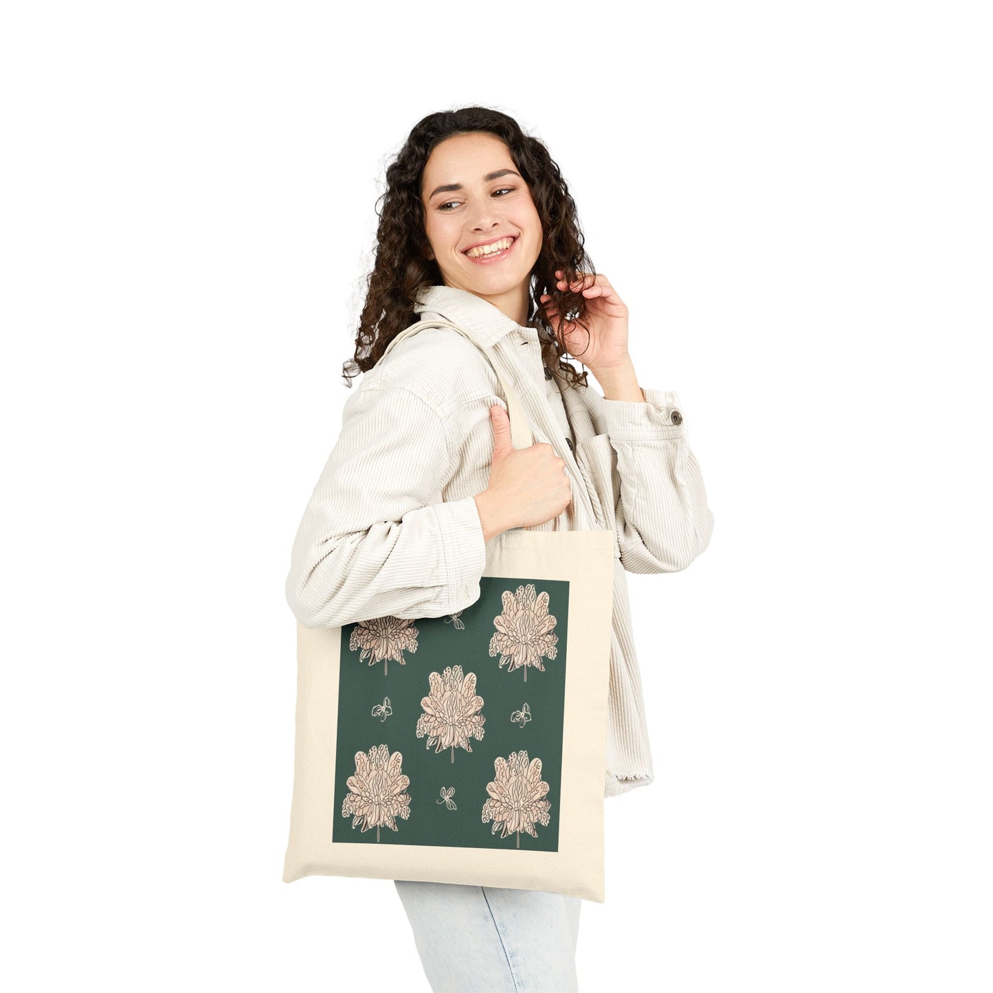 Soft White Floral Butterflies Cotton Canvas Tote Bag