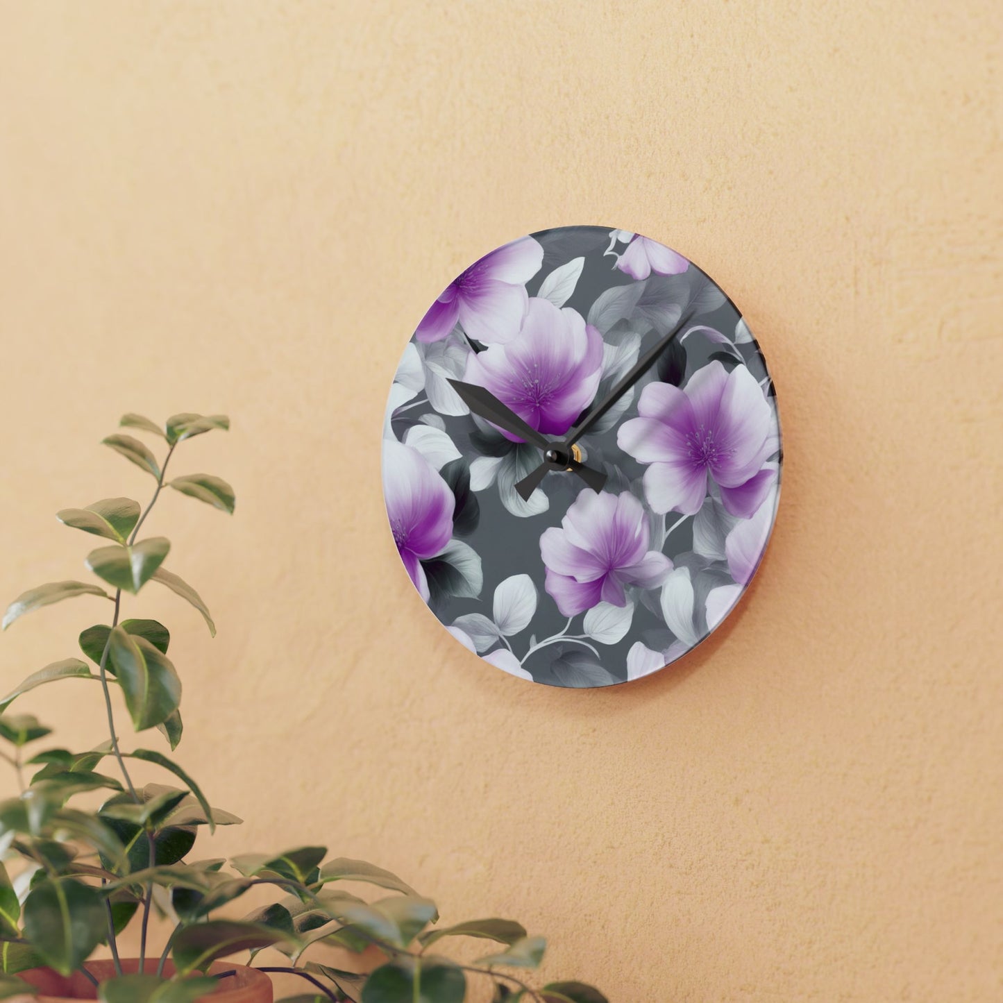 Purple Blossom Floral Bunch Acrylic Round Wall Clock, 8" x 8"
