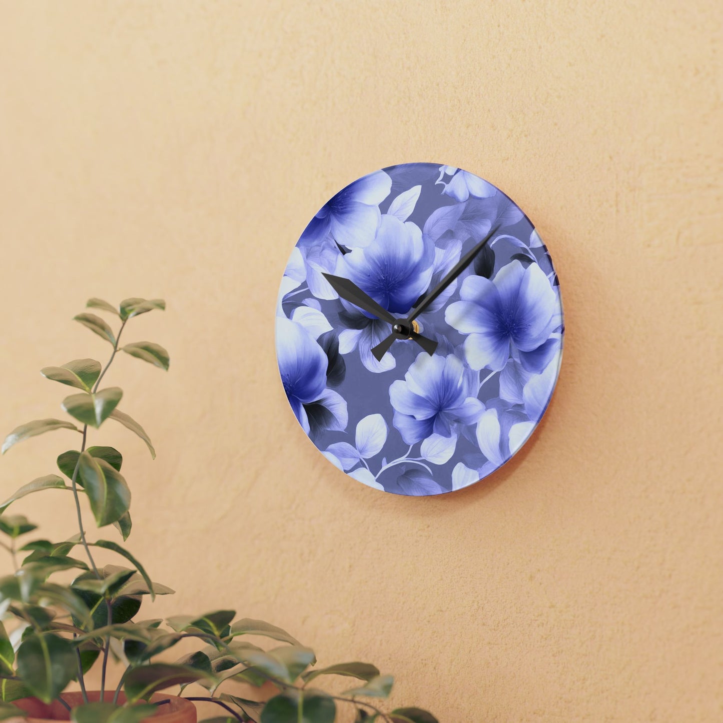 Indigo Blossom Floral Bunch Acrylic Round Wall Clock, 8" x 8"