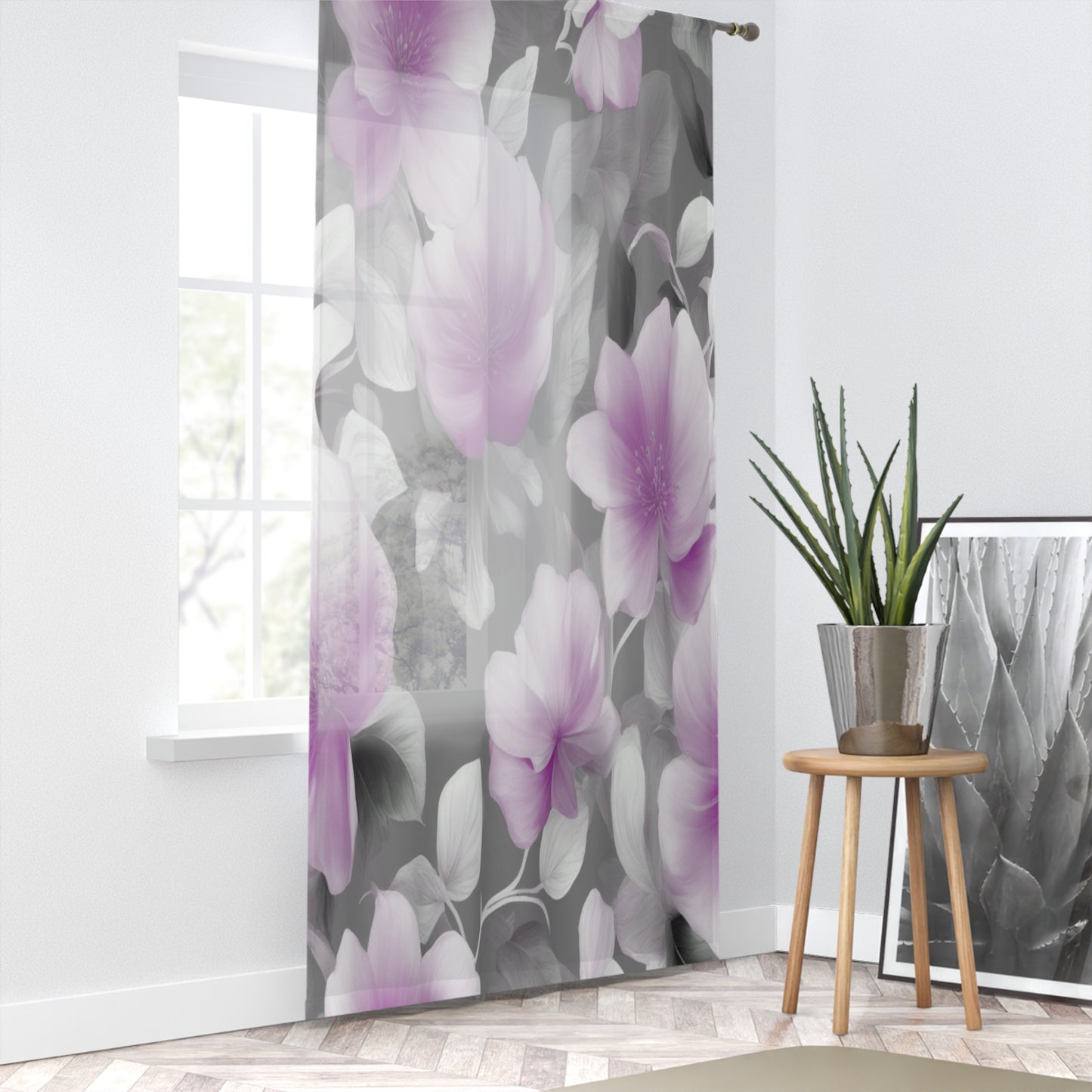 Purple Blossom Floral Bunch Sheer Window Curtain, 50" x 84", partially transparent