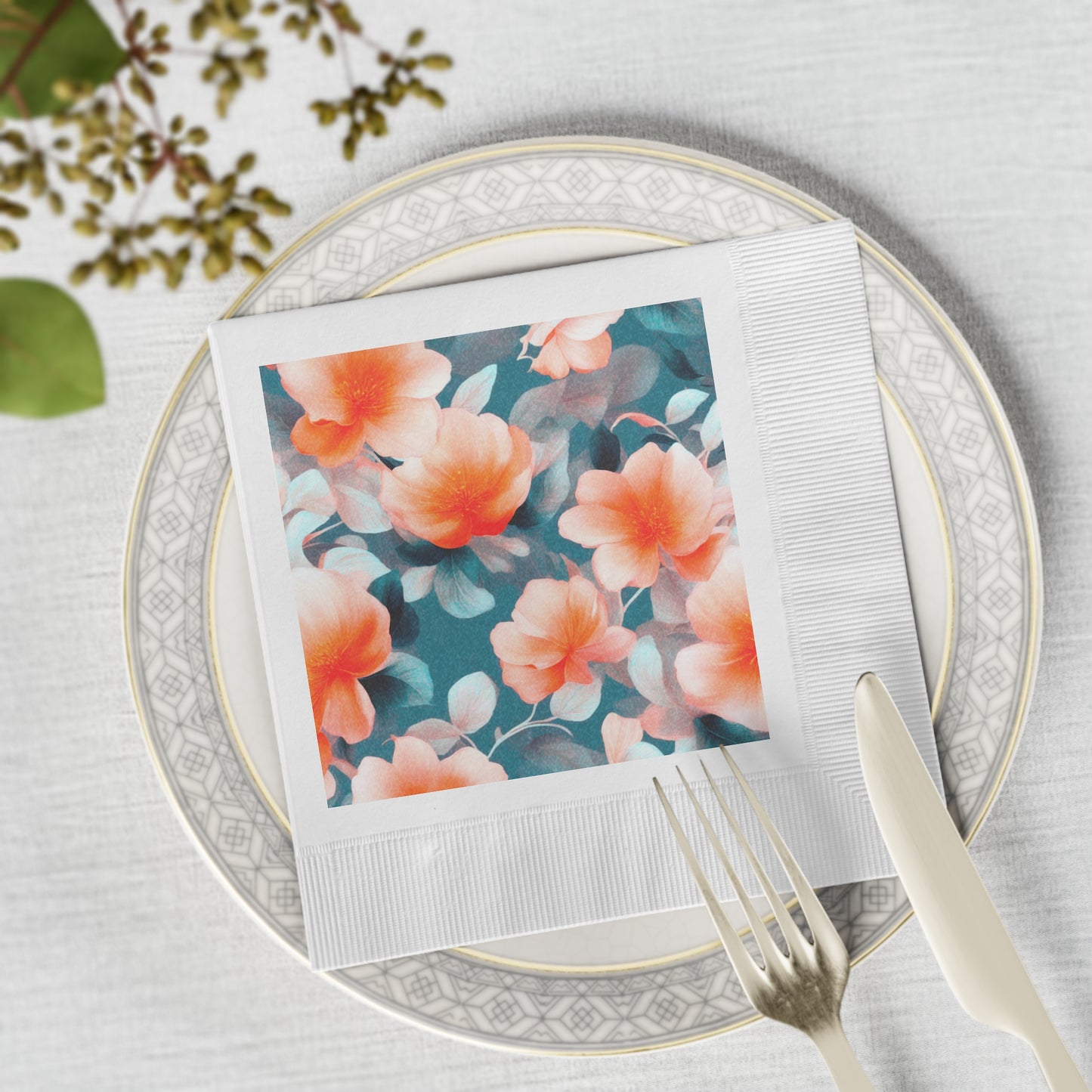 Orange Blossom Floral Bunch White Coined Napkins, 6.5" x 6.5"