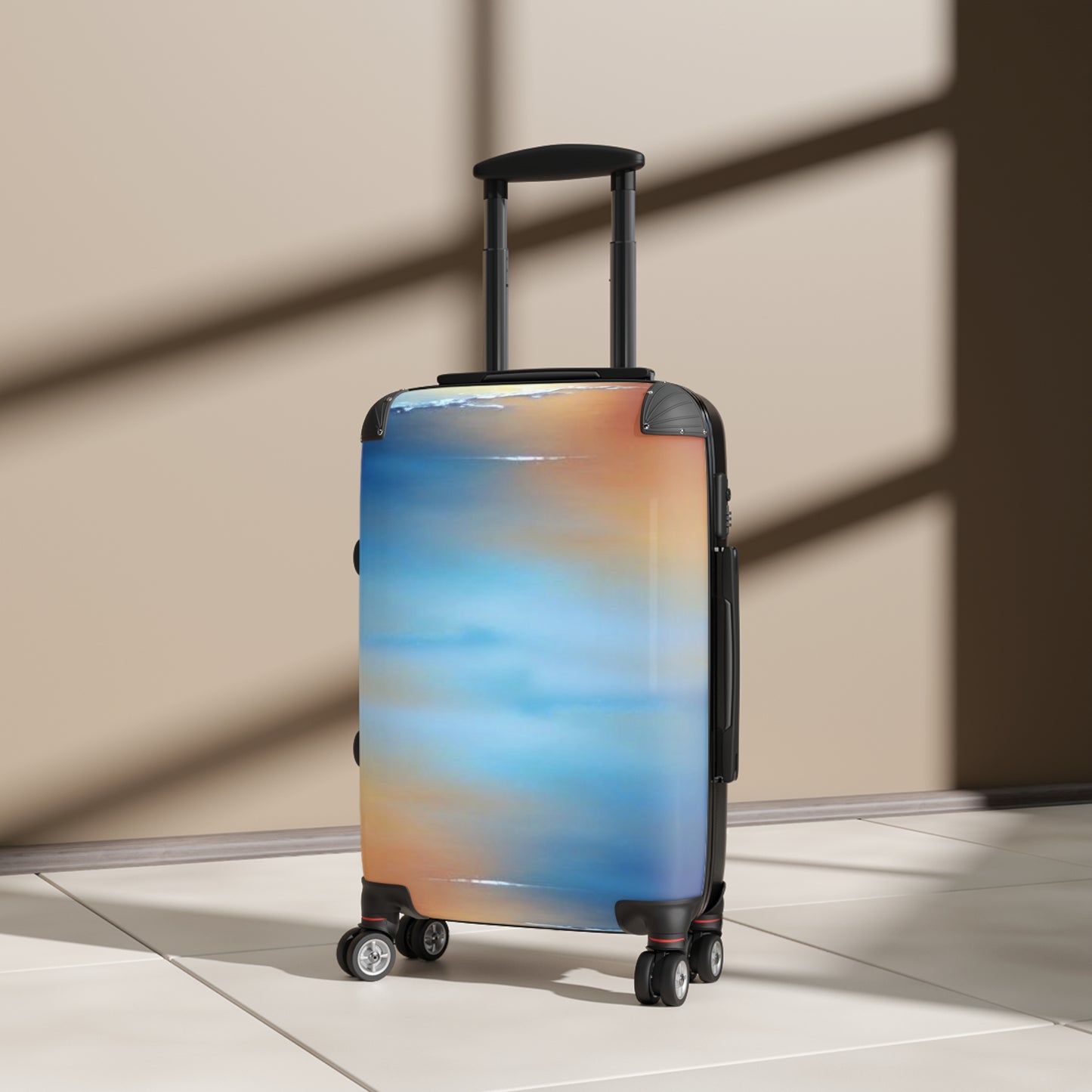 Blue Sea Red Orange Fog Small Suitcase with built in lock, 4 double-wheels, telescopic handle, and ABS back hard-shell