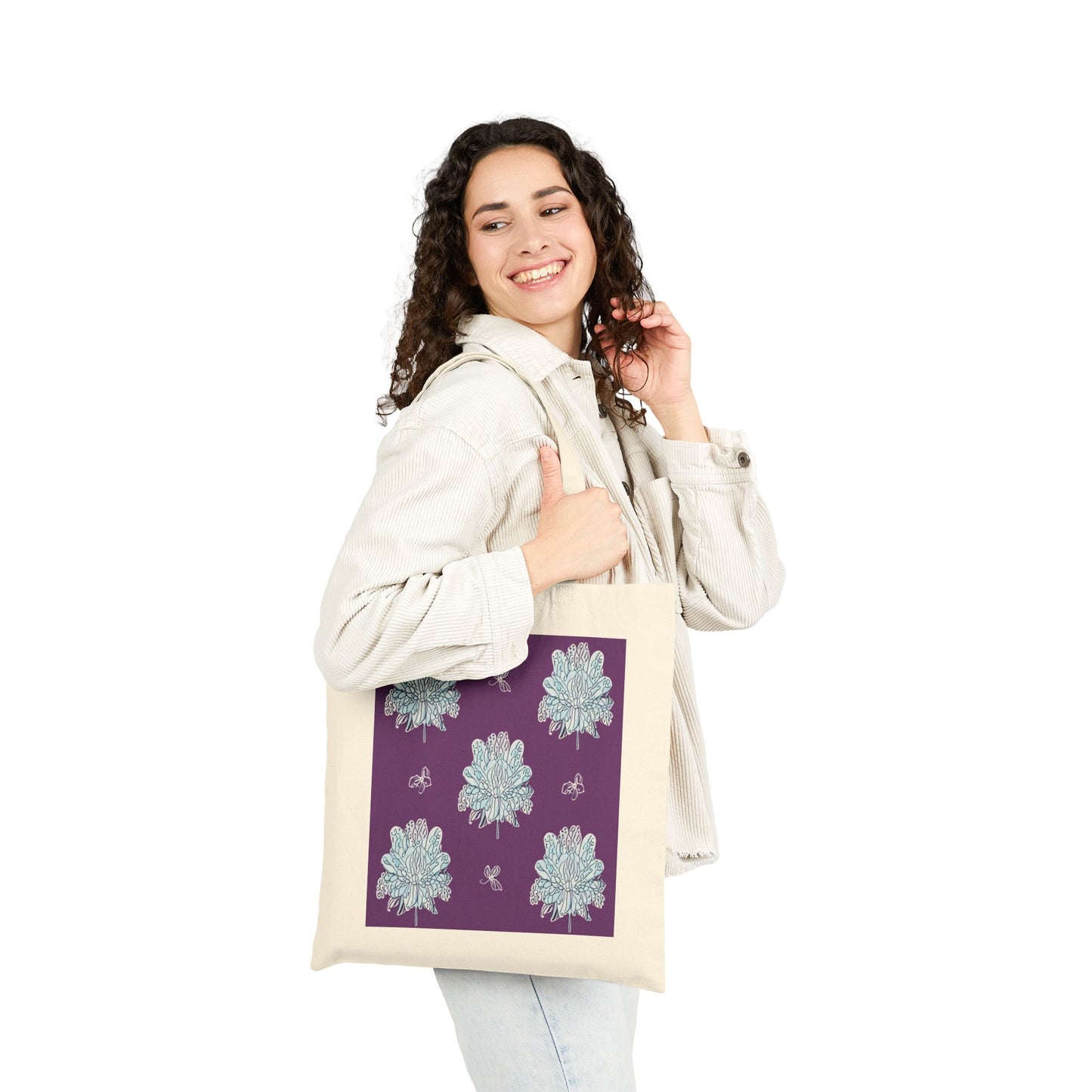Blue Floral Butterflies Cotton Canvas Tote Bag