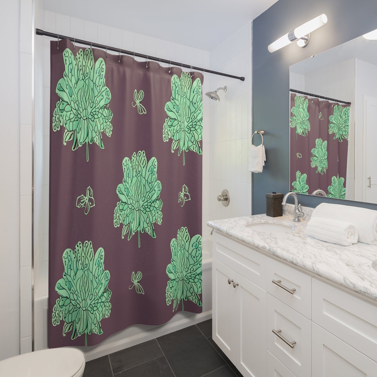 Mint Green Floral Butterflies Shower Curtain, 71" x 74"