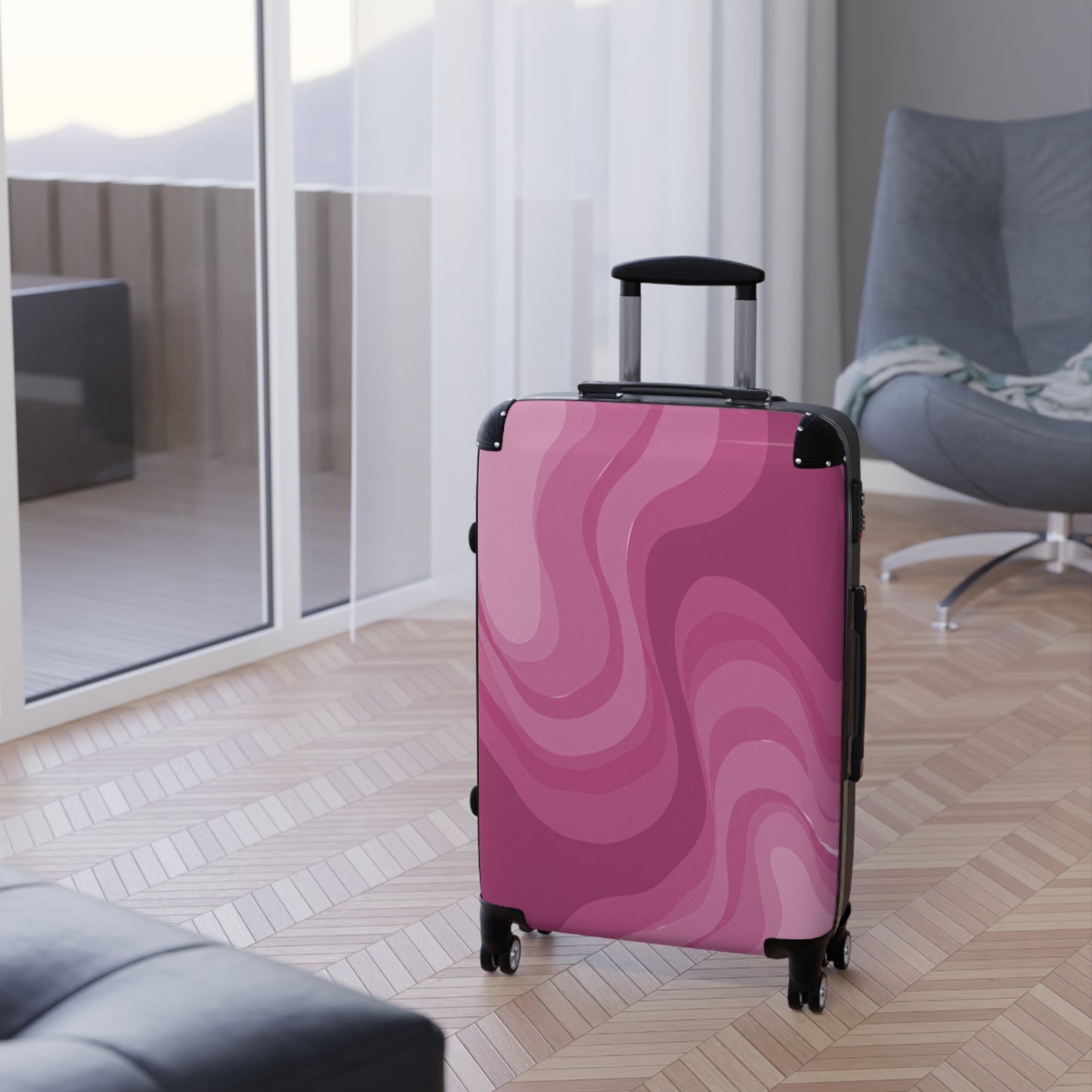 PInky Mauve Wavey Medium Suitcase with built in lock, 4 double-wheels, telescopic handle, and ABS back hard-shell