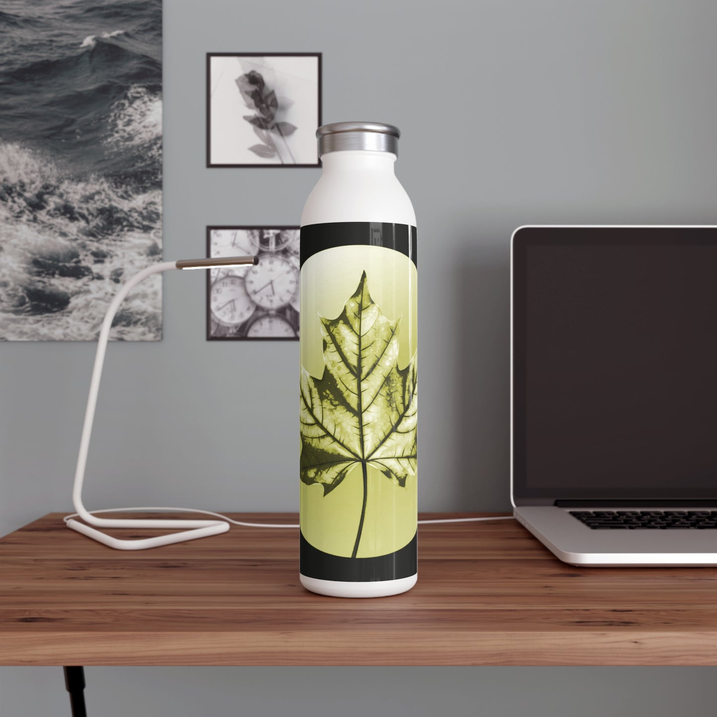 Lemongrass Maple Leaf Slim Water Bottle, 20 oz White