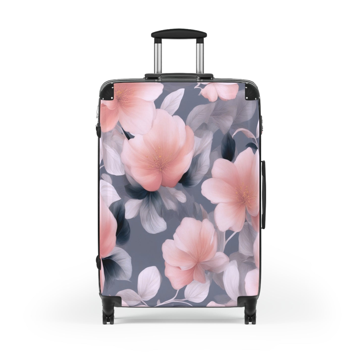 Peach and Blue Gray Floral Bunch Large Suitcase with built in lock, 4 double-wheels, telescopic handle, and ABS back hard-shell