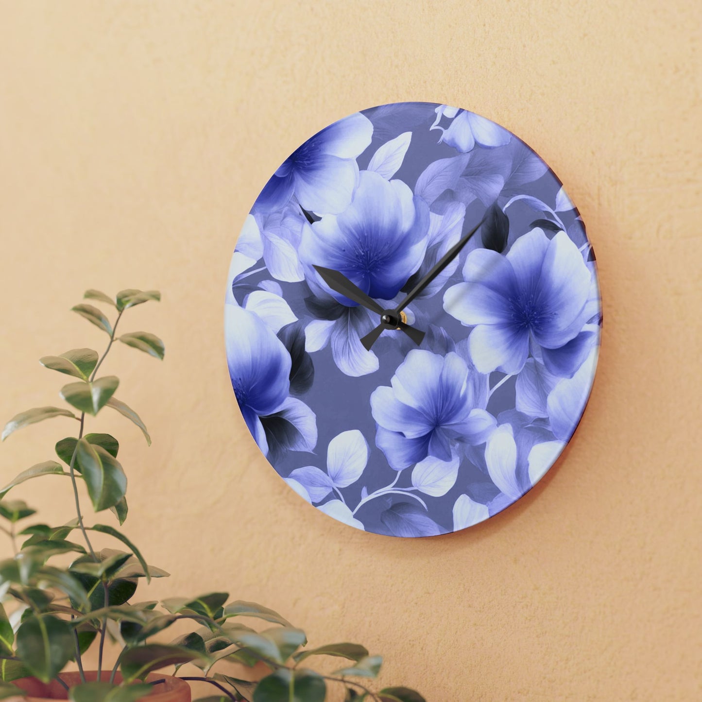 Indigo Blossom Floral Bunch Acrylic Wall Clock, Round or Square, 10.75" x 10.75"
