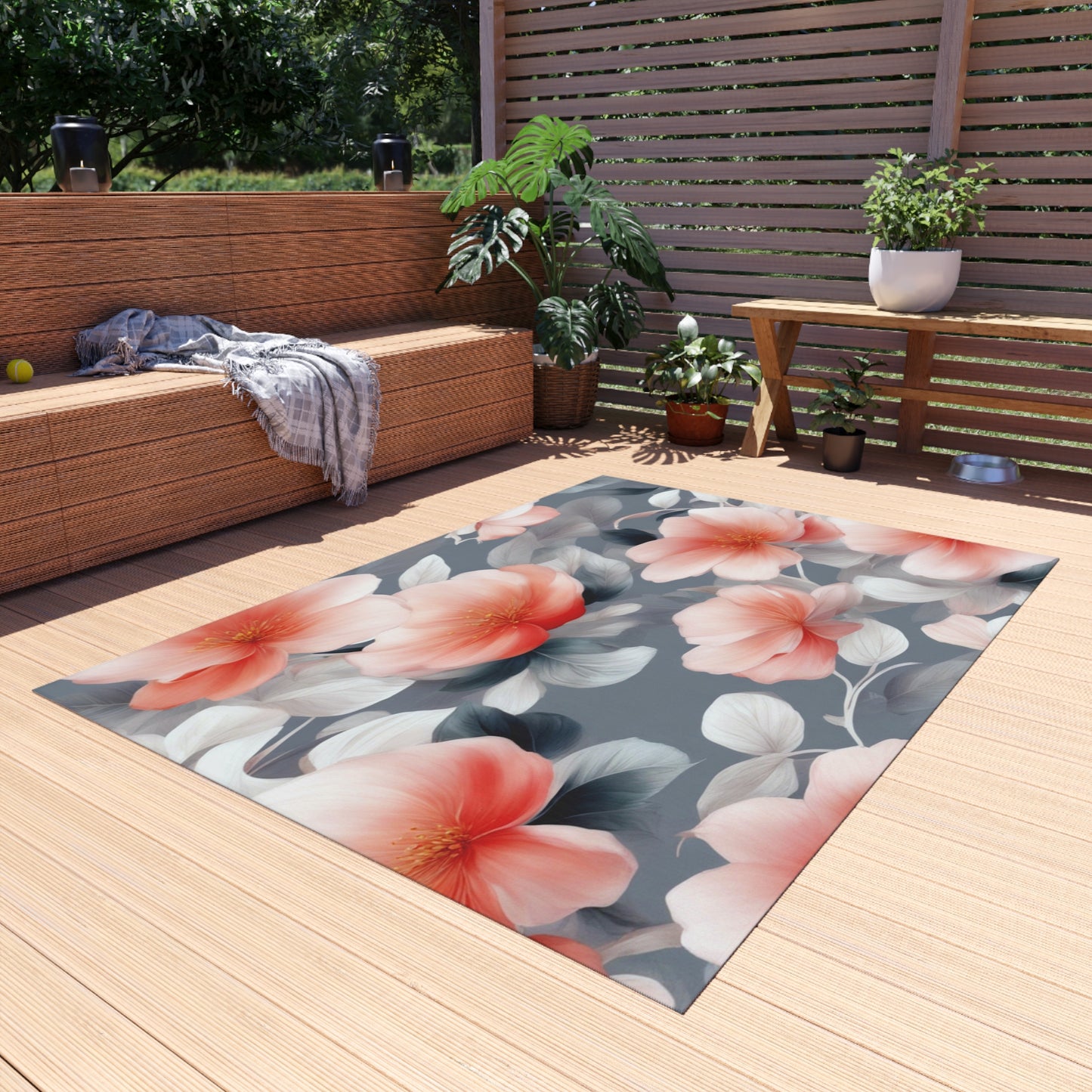Red Blossom Floral Bunch Outdoor Rug, 60" x 84"