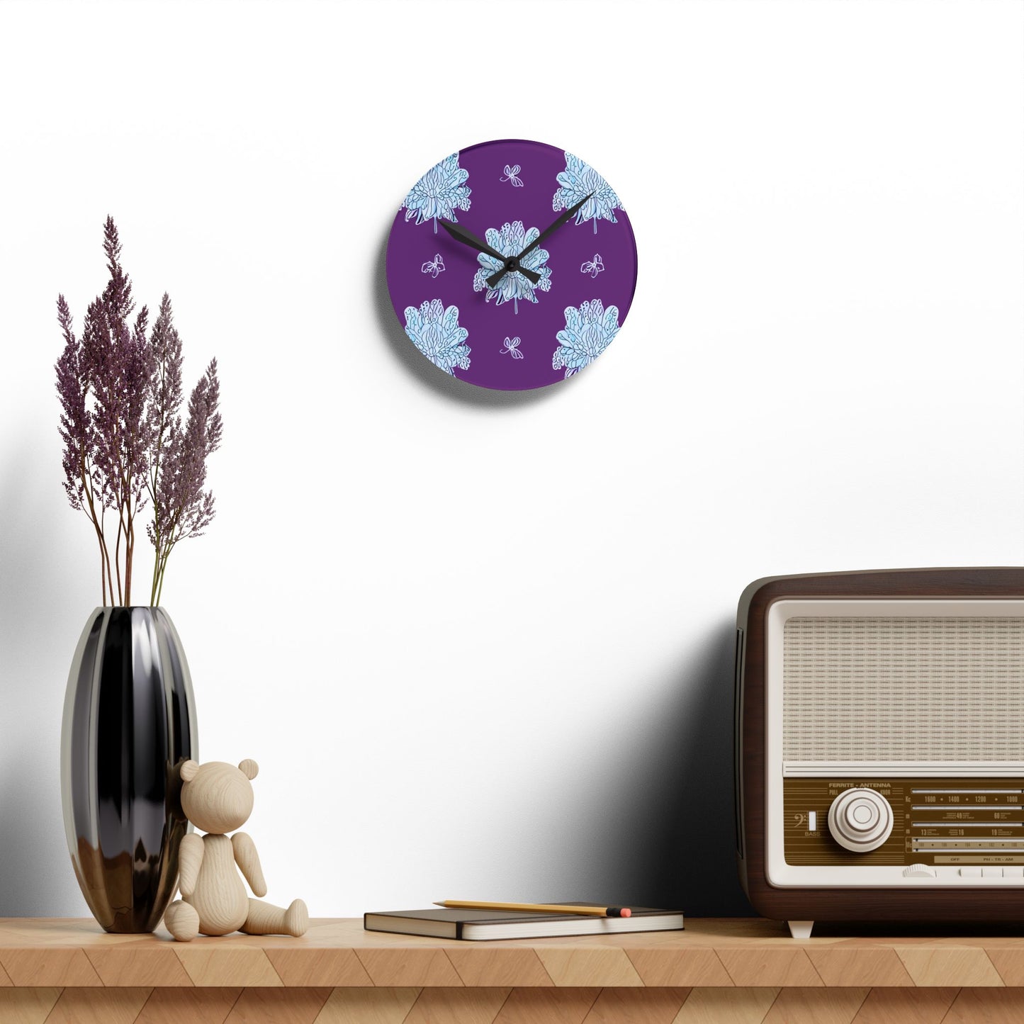 Blue Floral Butterflies Acrylic Round Wall Clock, 8" x 8"