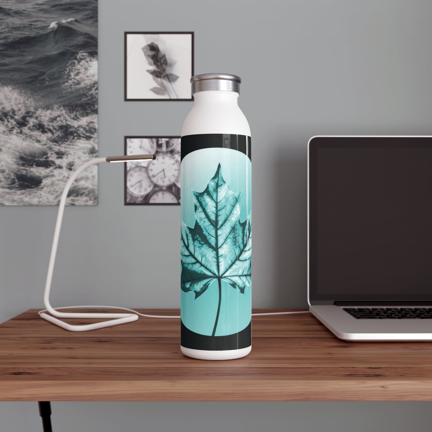 Tif Green Maple Leaf Slim Water Bottle, 20 oz White
