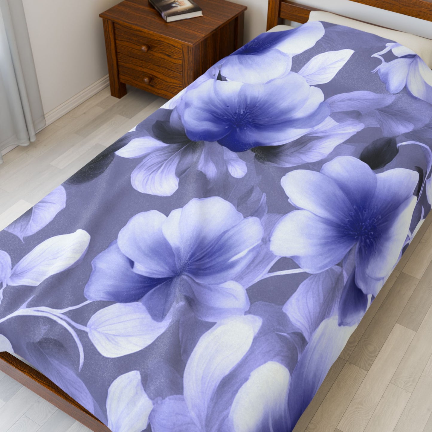 Indigo Blossom Floral Bunch Velveteen Plush Blanket, 60" x 80"