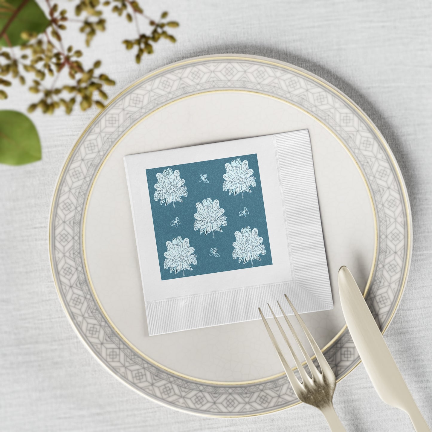 Tif Green White Floral Butterflies White Coined Napkins, 4.8" x 4.8"