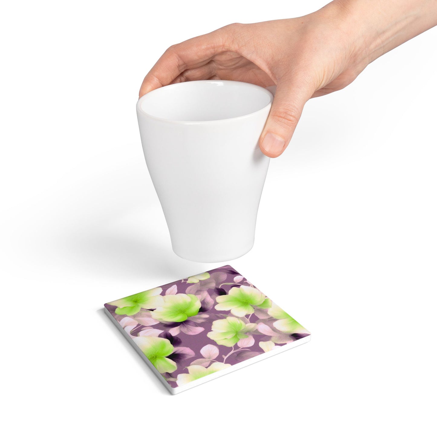 Lime Lavender Floral Bunch Square Ceramic Coaster, 4" x 4"