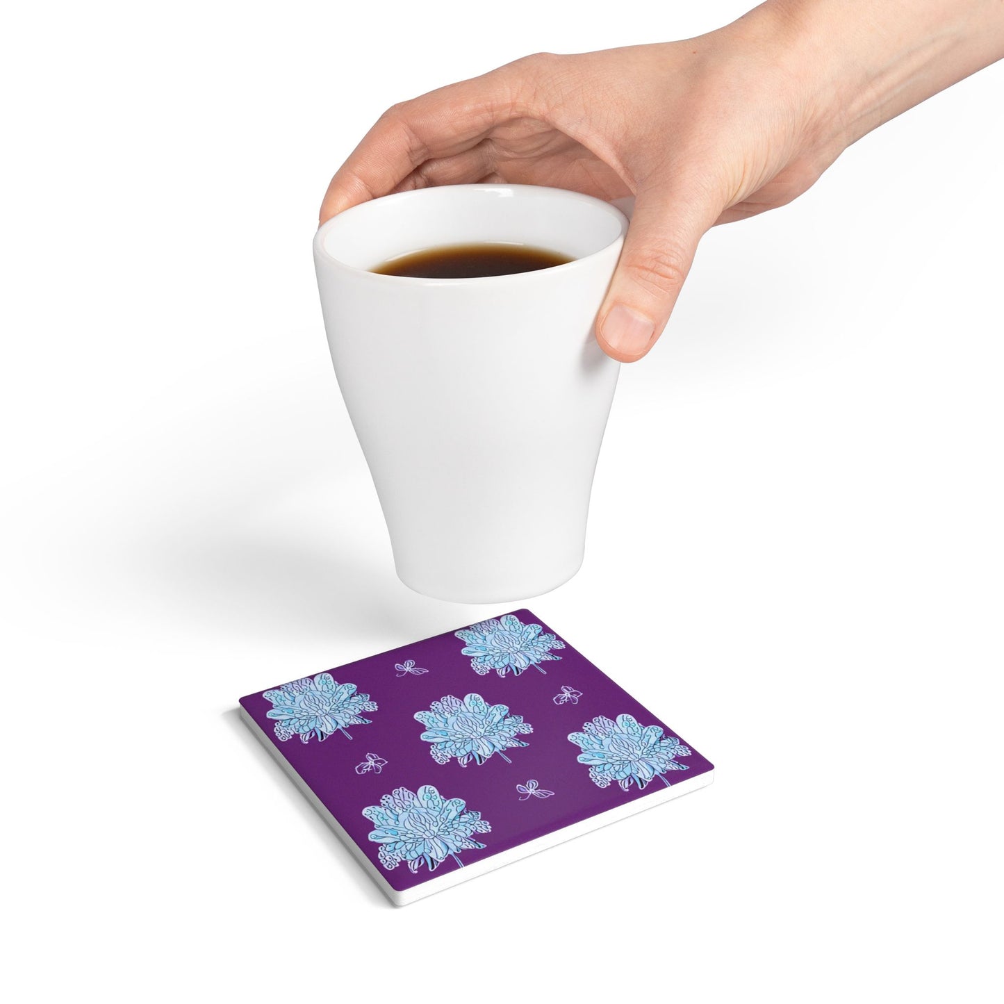 Blue Floral Butterflies 4" x 4" Square Ceramic Coaster