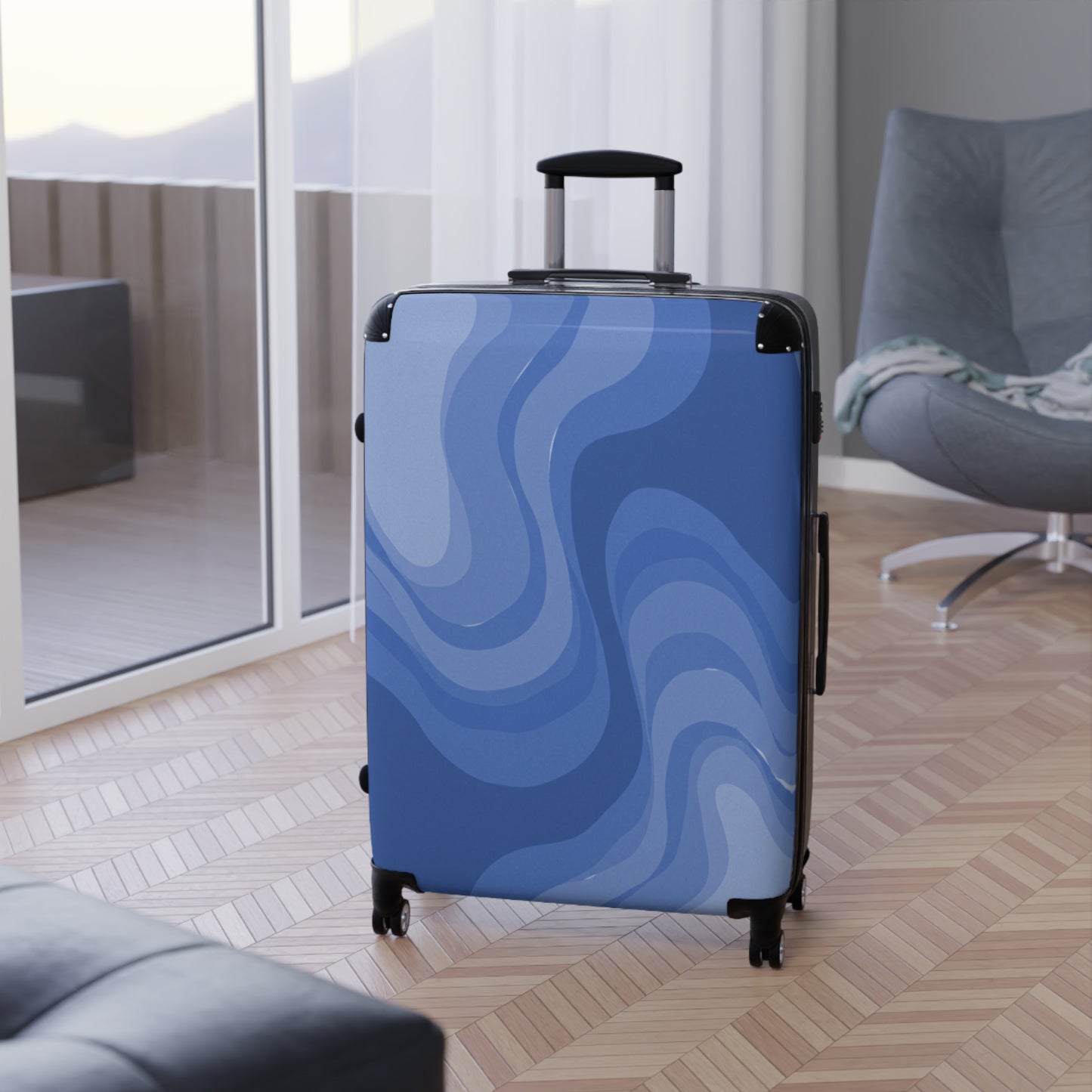 Deep Blue Wavey Large Suitcase with built in lock, 4 double-wheels, telescopic handle, and ABS back hard-shell