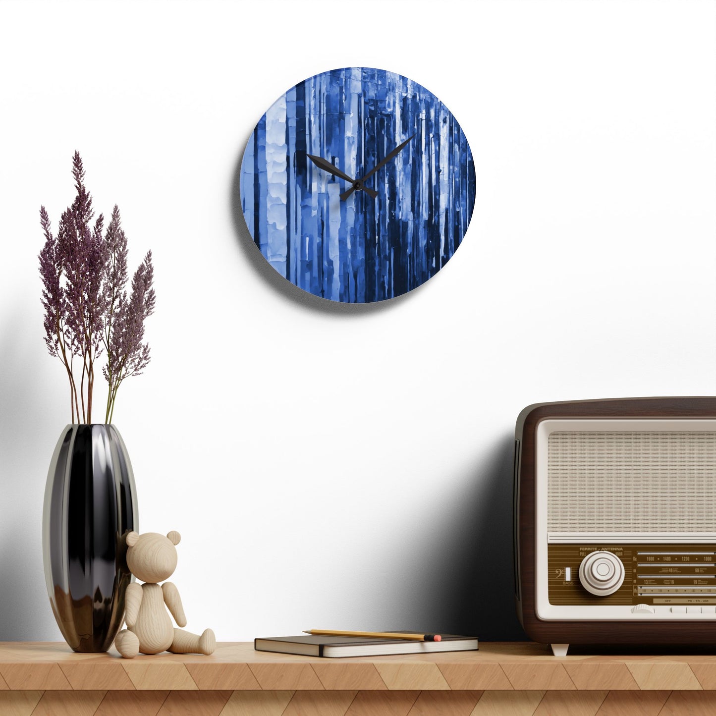 Striped Deep Blue Acrylic Wall Clock, Round or Square, 10.75" x 10.75"