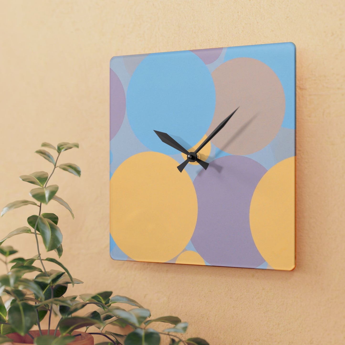 Pastel Baby Blue and Peach Patches Acrylic Wall Clock, Round or Square, 10.75" x 10.75"