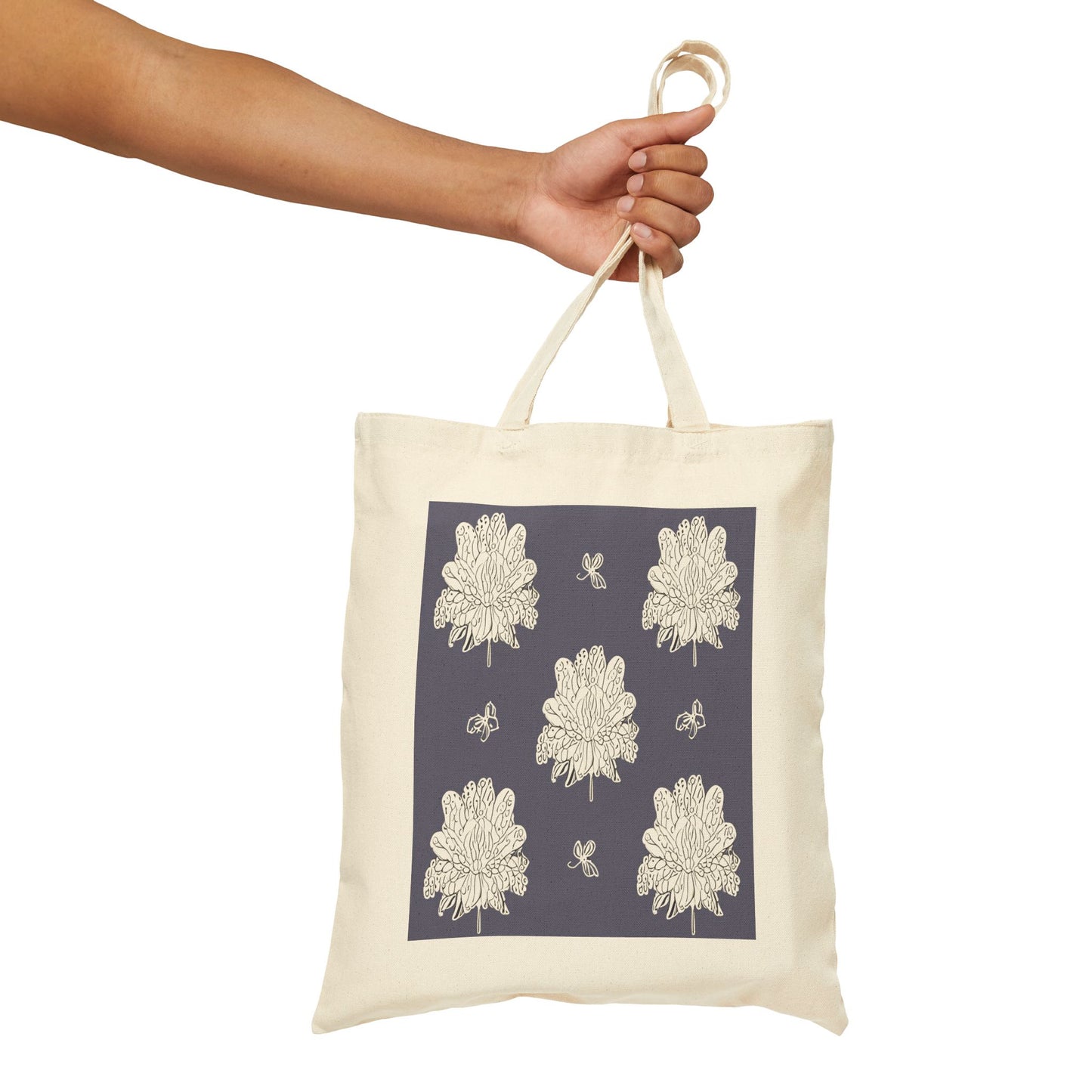 White Floral Butterflies Cotton Canvas Tote Bag