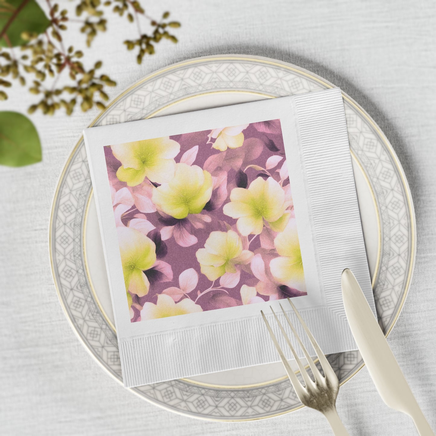 Lemon Blossom Floral Bunch White Coined Napkins, 6.5" x 6.5"