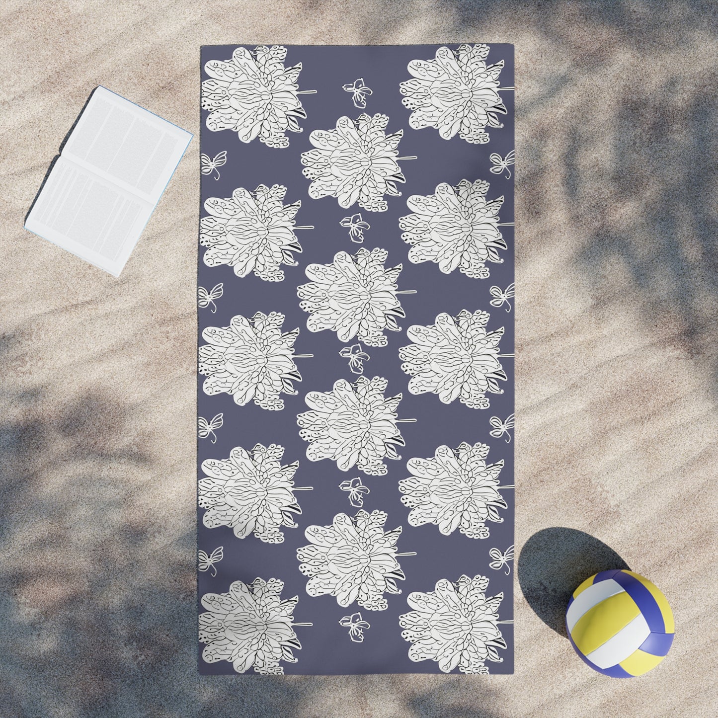 White Floral Butterflies Beach Towel, 30" x 60"