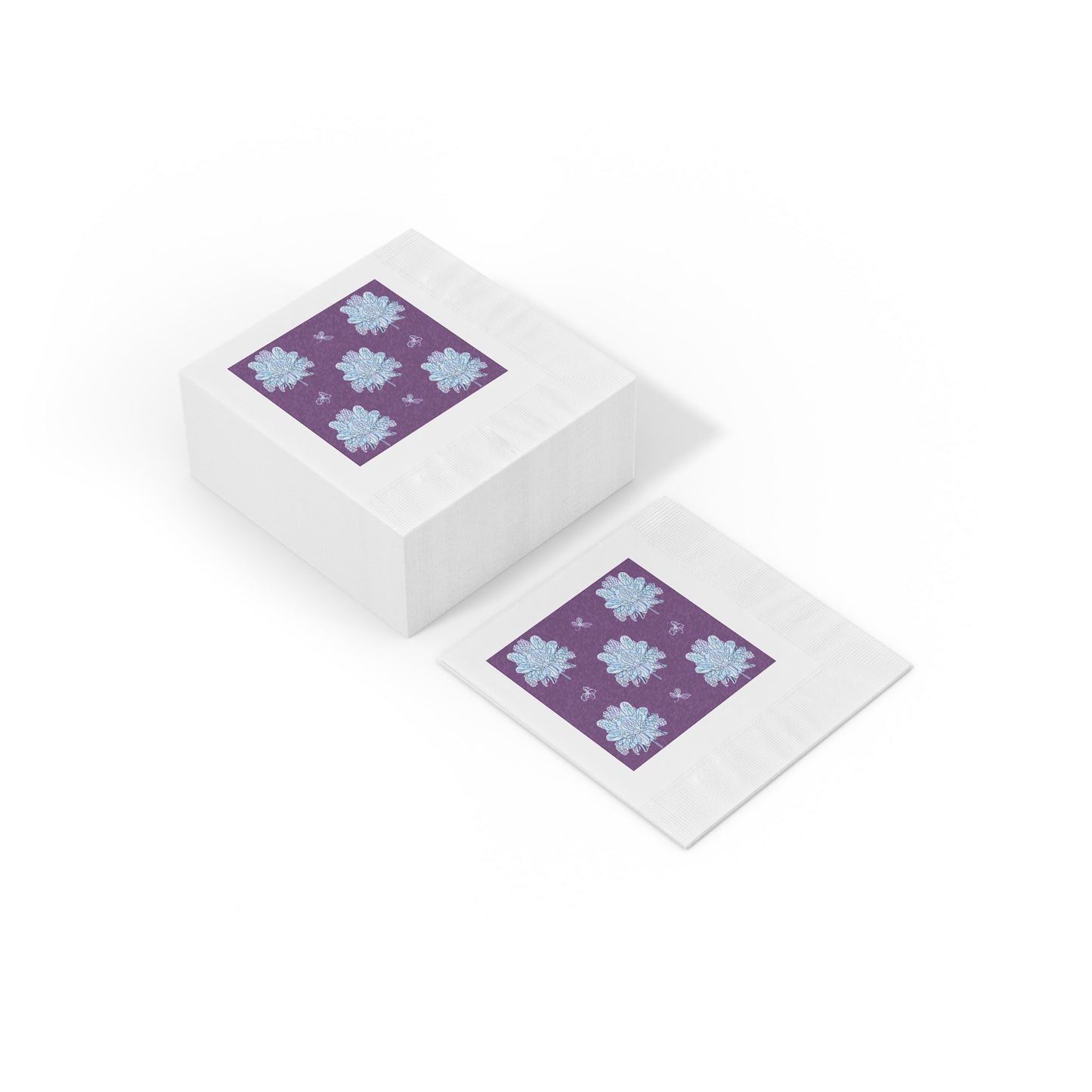 Blue Floral Butterflies White Coined Napkins, 4.8" x 4.8"