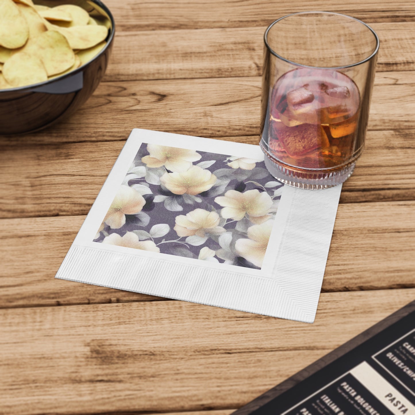 White Blush Floral Bunch White Coined Napkins, 6.5" x 6.5"