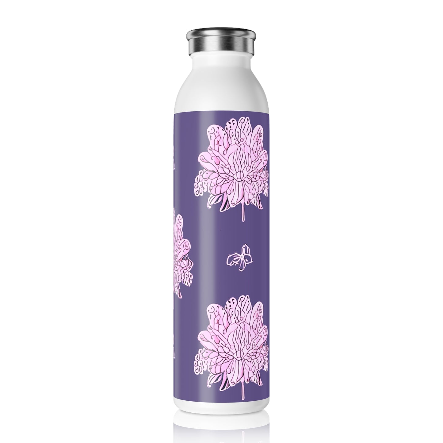Magenta Floral Butterflies Slim Water Bottle, 20 oz White