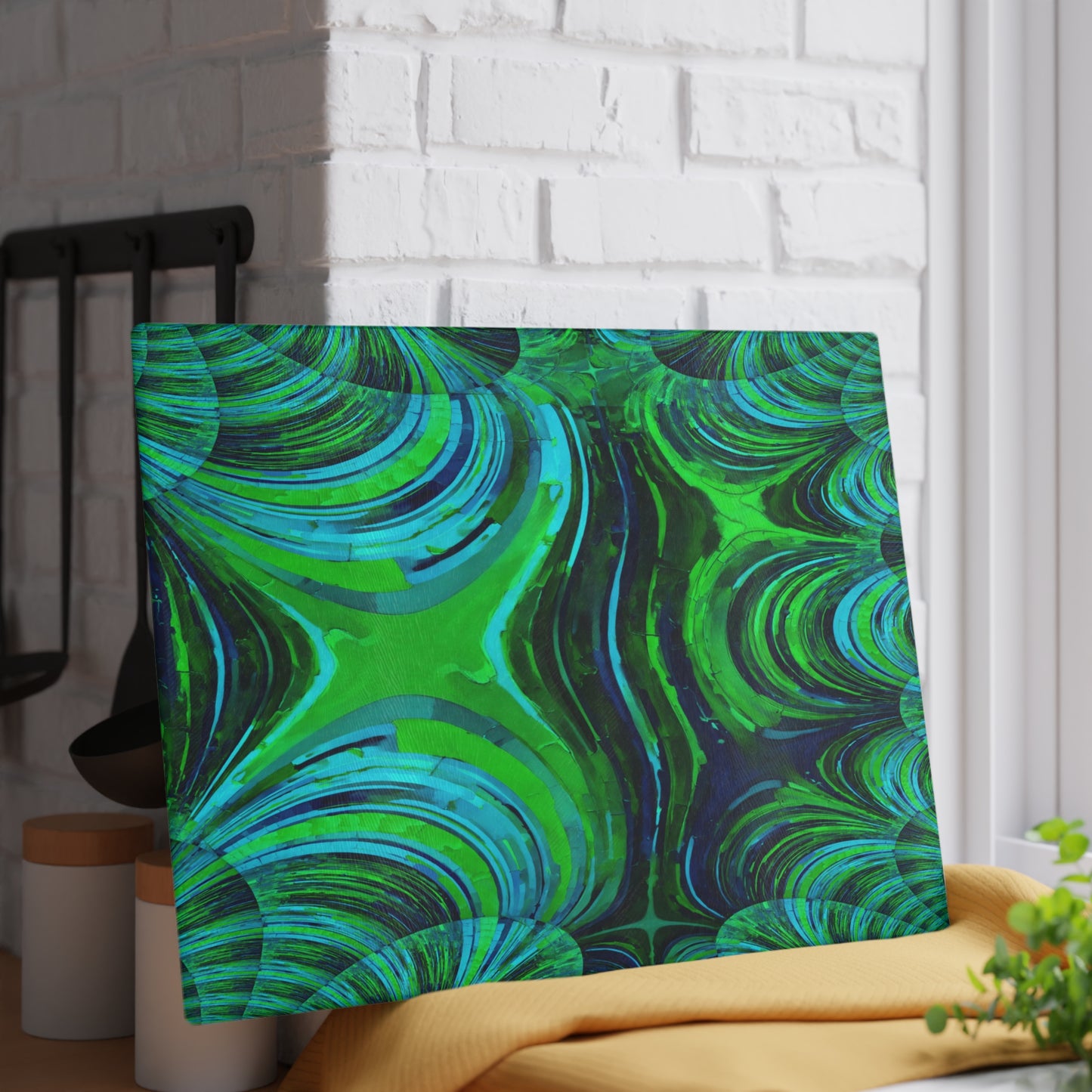 Uzi Spiral Blue Green 11" x 15" Glass Cutting Board